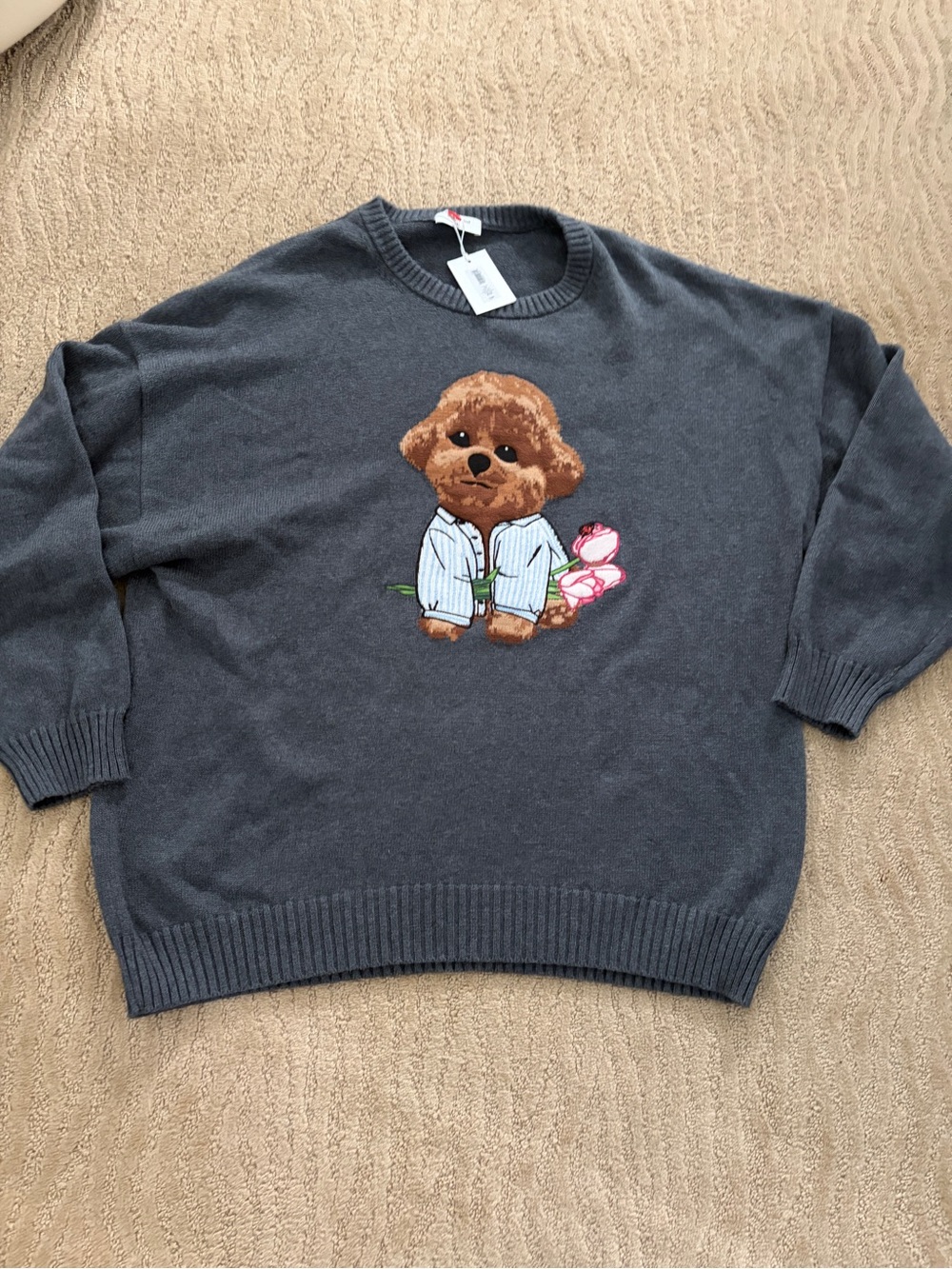 Sunday Best Aritzia Charcoal Sweater with Brown Bear and Pink Flowers